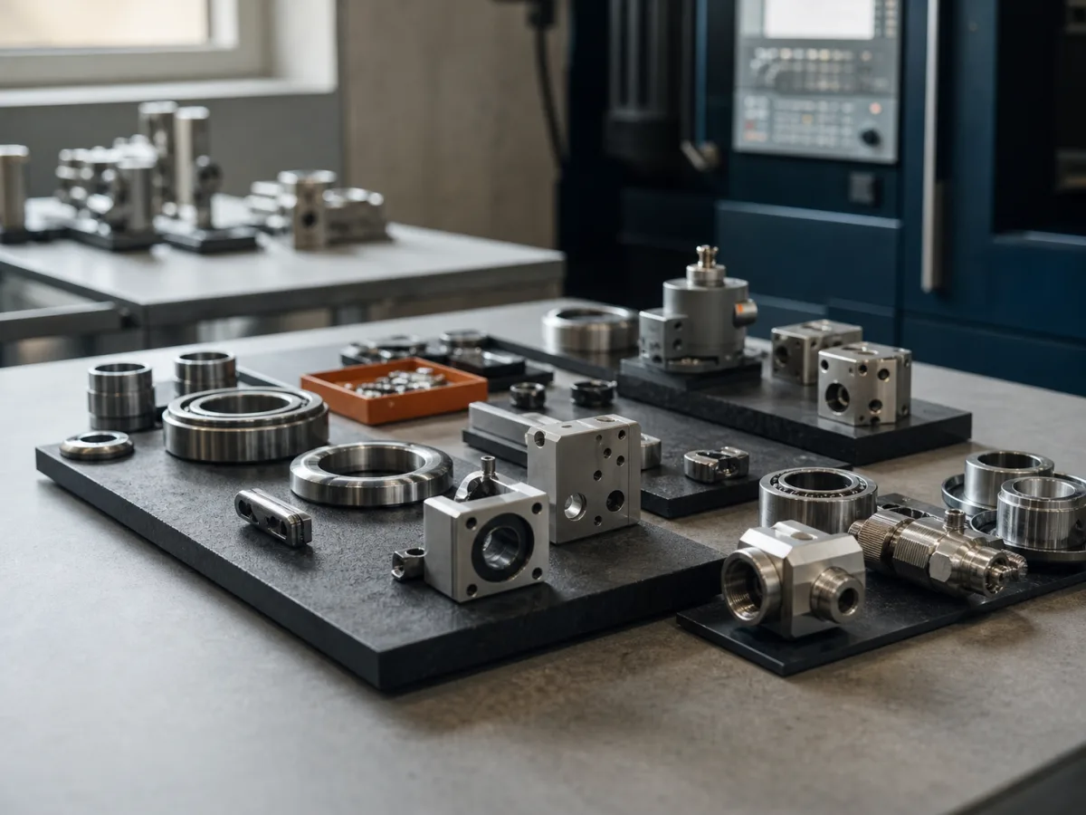 Precision metal components organised on an inspection table